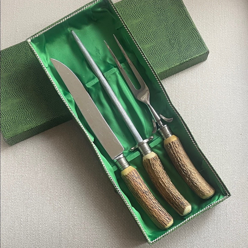 Vintage Anton Wingen Jr Solingen Stag Handle Carving Set - Germany